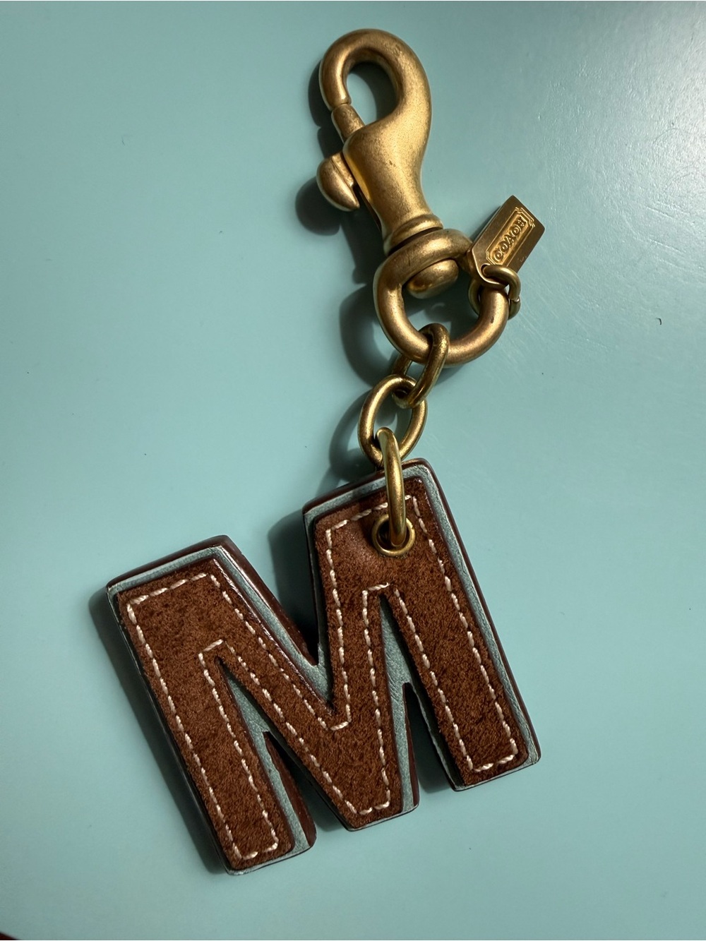 Vintage Coach Brown Leather 'M' Leather Key / Bag Charm with Brass Hardware